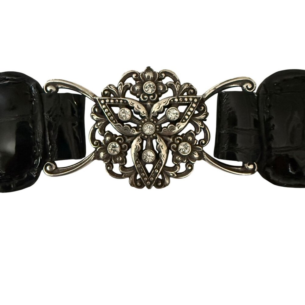 Vintage Brighton Empire Lace Black Croc Embossed Patent Leather Belt Crystals - Picture 6 of 16